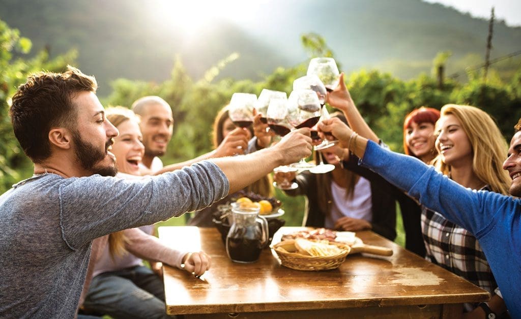 group toasting wine glasses